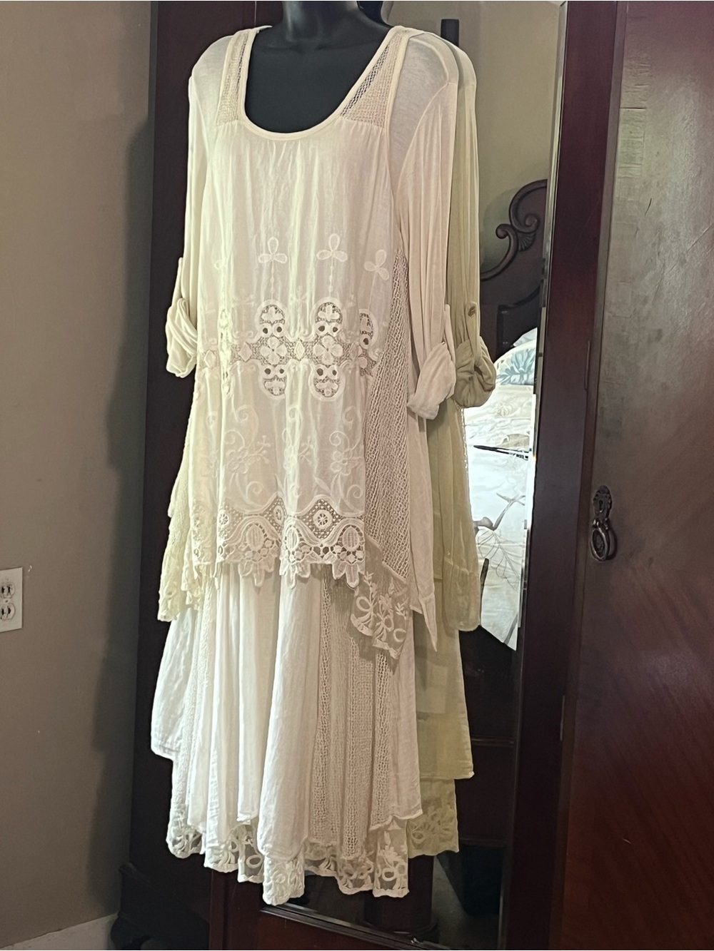 2Pc Boho Lace Dress Tunic Cream Embroidered Cottagecore Wedding MED
